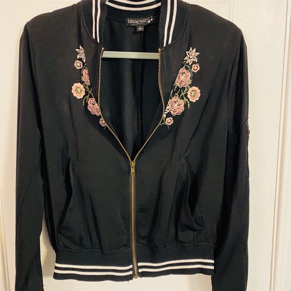 Living Doll satin embroidered bomber jacket